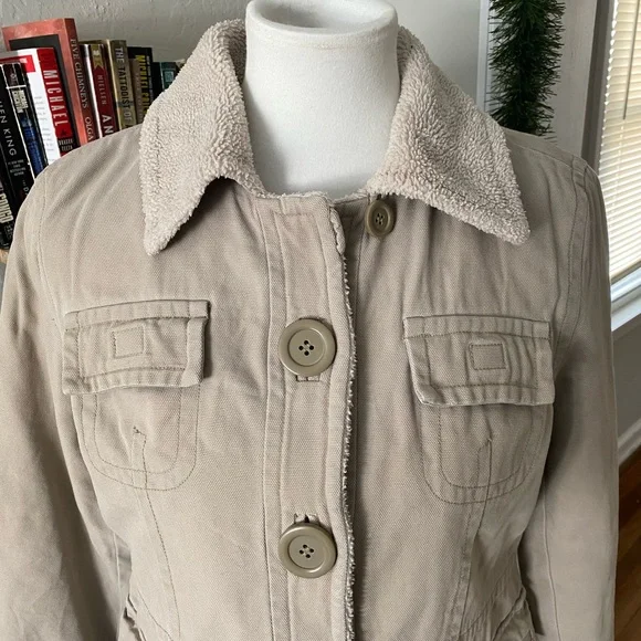 Vtg Y2K Braetan Tan Utility Gorpcore Sherpa Trim Barn Chore Coat Canvas Jacket M - Picture 2 of 12